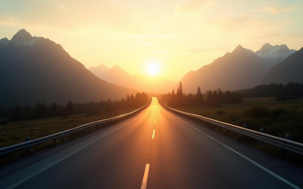 Sonnenaufgang über einer österreichischen Autobahn mit Alpen im Hintergrund